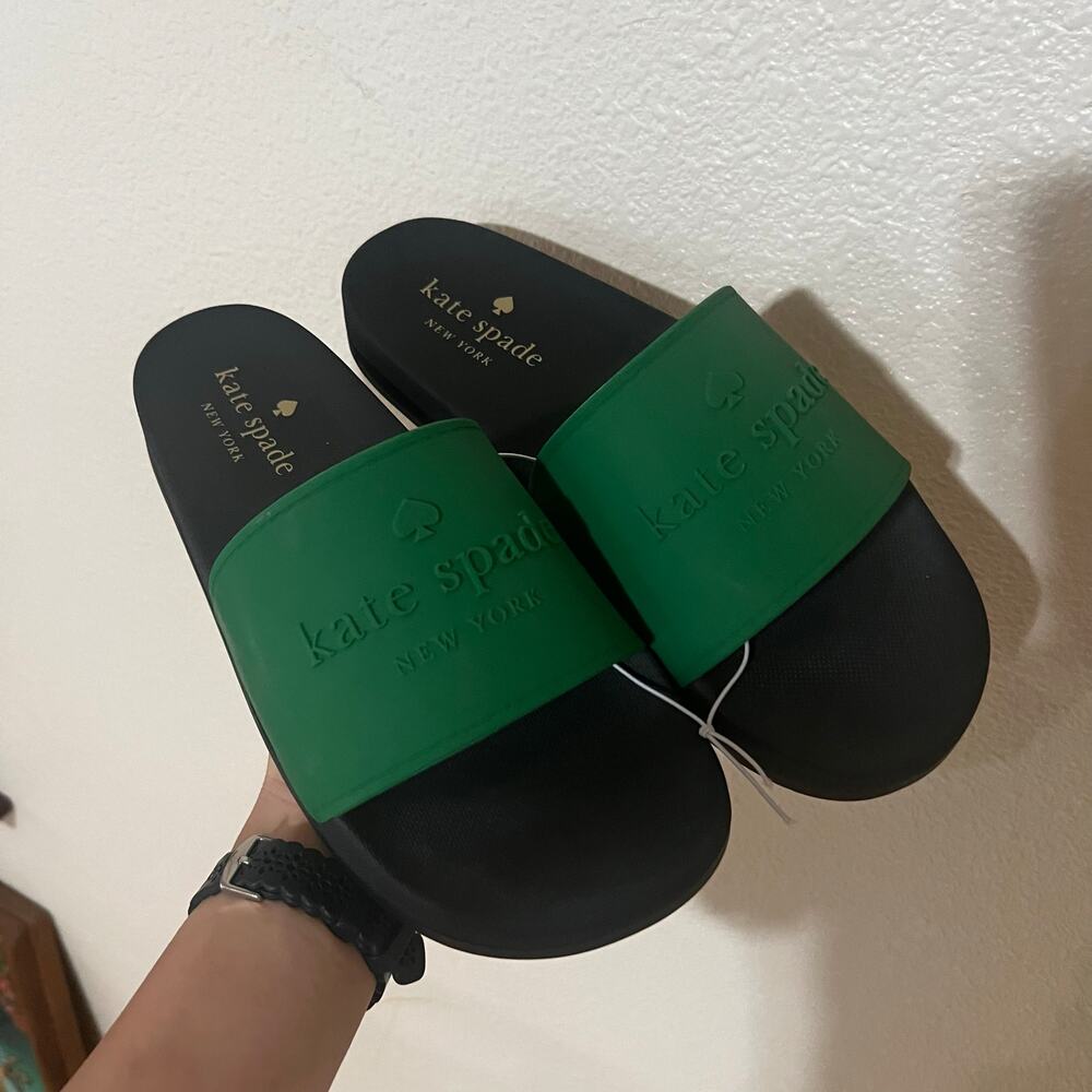 Kate Spade New York Sunny Slide Sandals in Emerald green and black NEW 9